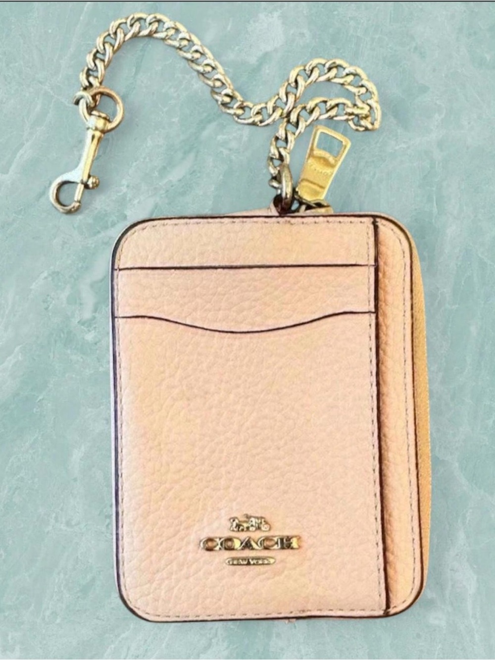 Coach Blush Peachy Leather zip Card case wallet with Gold Chain